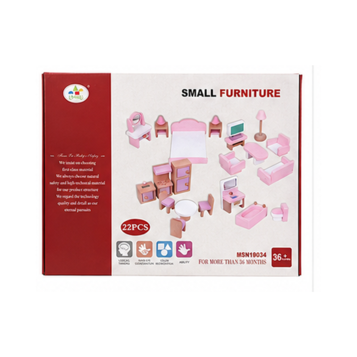 A boxed toy set labeled 'SMALL FURNITURE' with a red side panel and a white front panel showing pink miniature furniture pieces including a bed, table, chairs, and shelves.