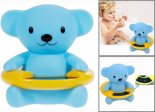 A light blue bear-shaped bath toy sitting in a yellow ring, toy getting used in a bath tub 