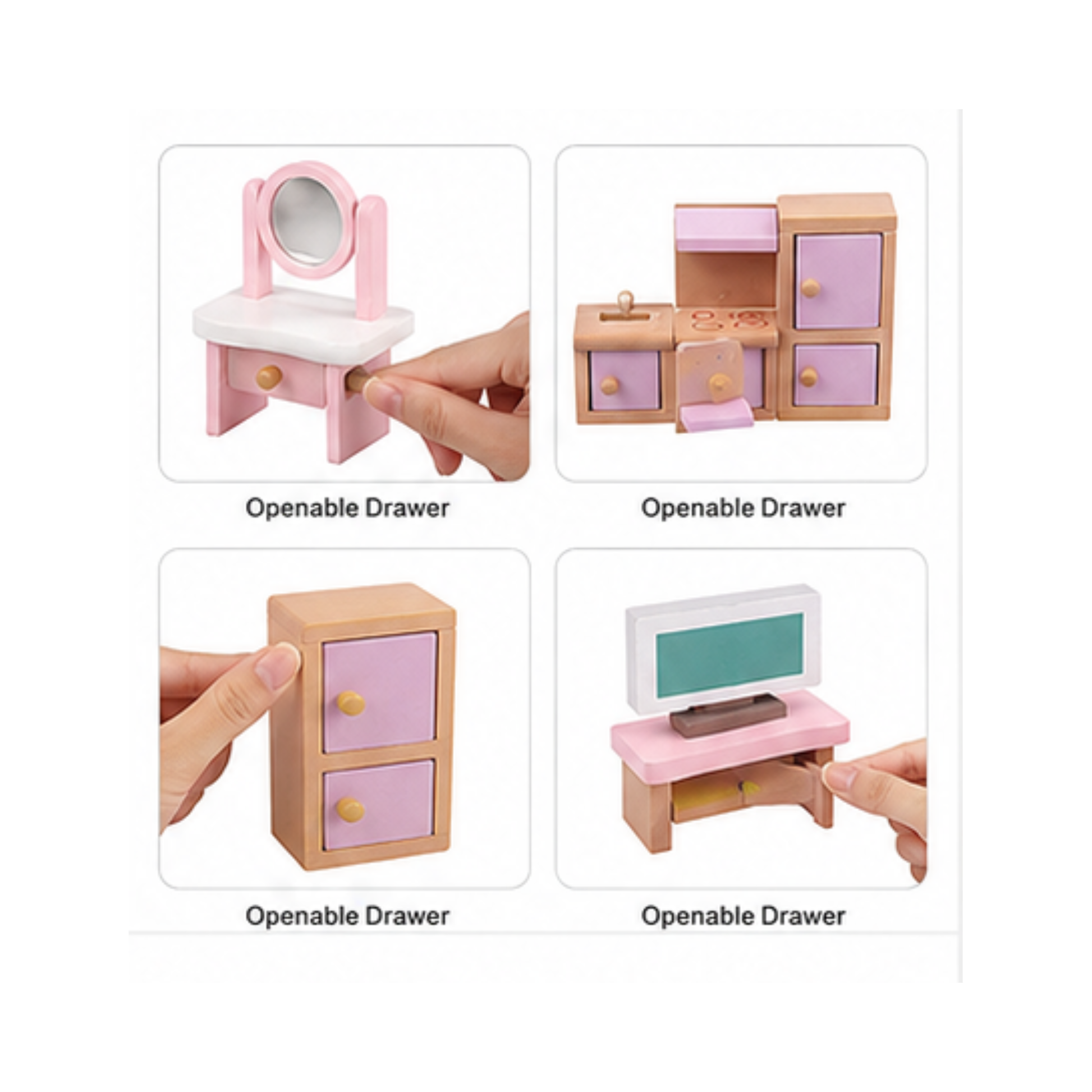 Four-panel demonstration of a small wooden play furniture set with pink and lavender drawers, a vanity mirror, and a desk, with hands opening some drawers.