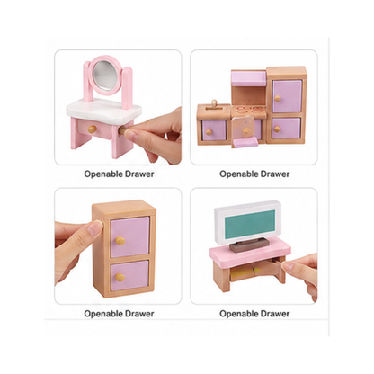 Four-panel demonstration of a small wooden play furniture set with pink and lavender drawers, a vanity mirror, and a desk, with hands opening some drawers.