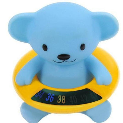 A plush bear-shaped baby bath thermometer with a yellow thermometer body and a blue bear head.