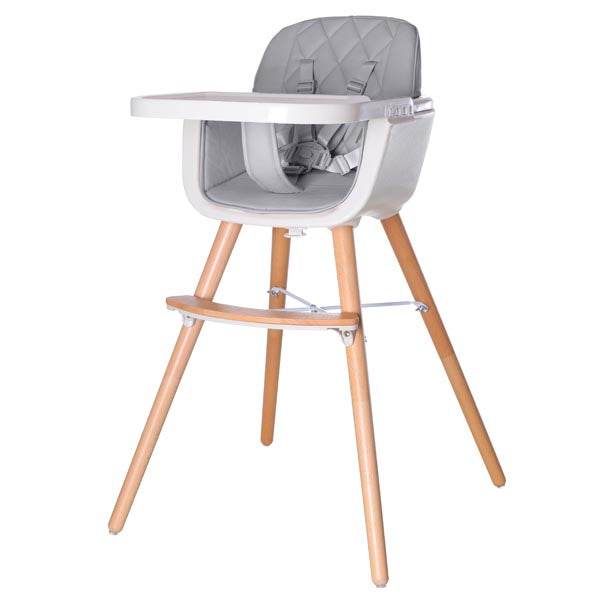 baby High Chair with a grey quilted padded seat, white tray and warm-toned wooden legs with a footrest
