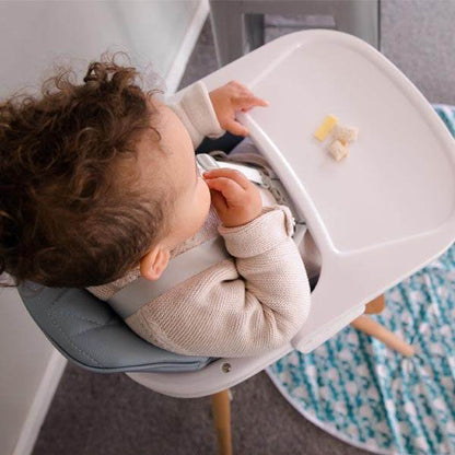 baby High Chair with grey padded seat, white removable tray, wooden legs and a secured five-point harness