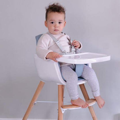 baby High Chair with a white curved plastic seat, removable tray, pale wooden legs and blue-grey safety harness