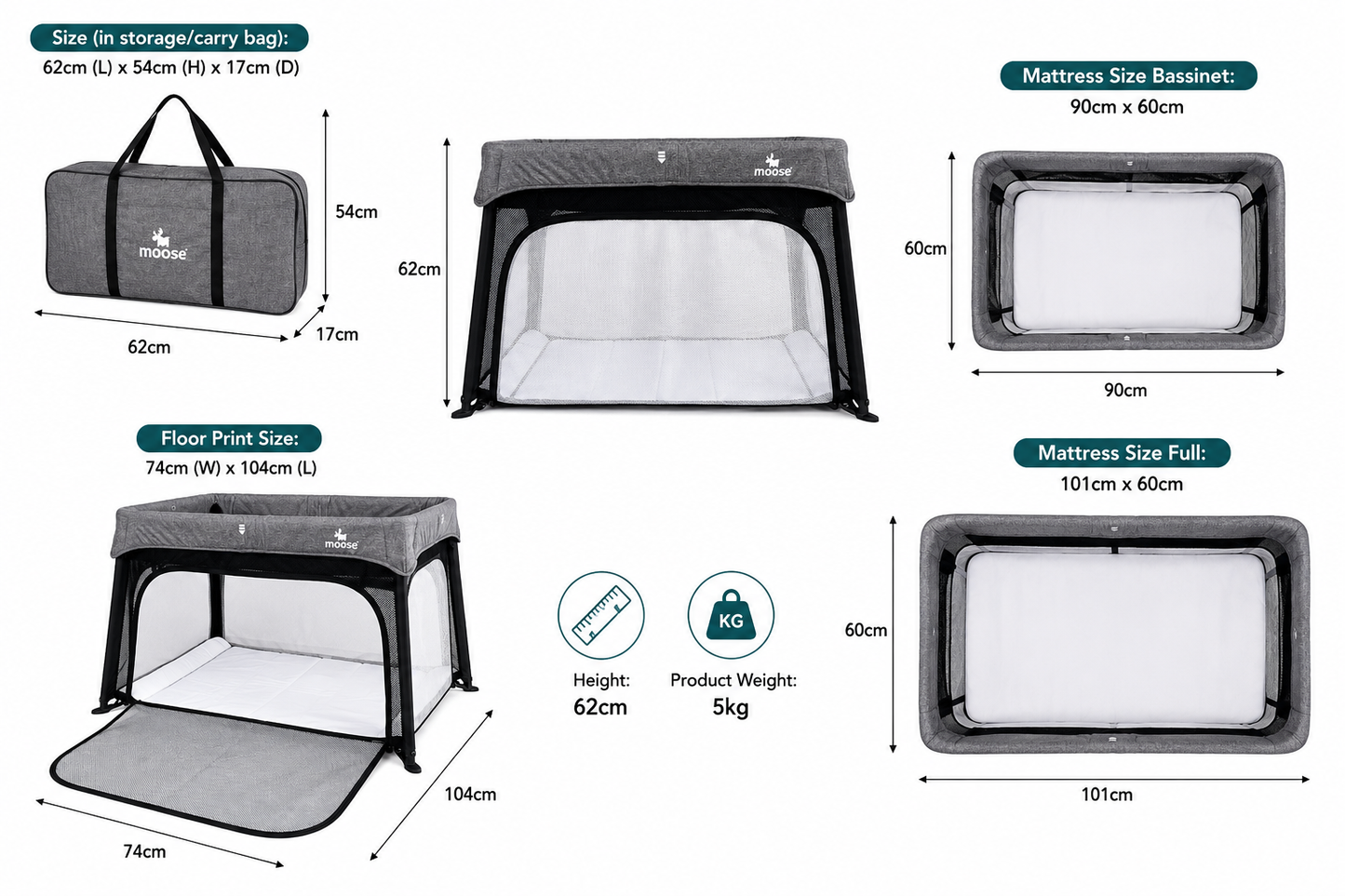 Moose Emmett Travel Cot (with 2 FREE fitted sheets)