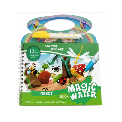 Insect Magic Water Book for children, featuring a colorful spiral-bound cover with illustrations of bugs, a dragonfly, and a ladybug, along with a yellow and white marker pen in a plastic carrying case.