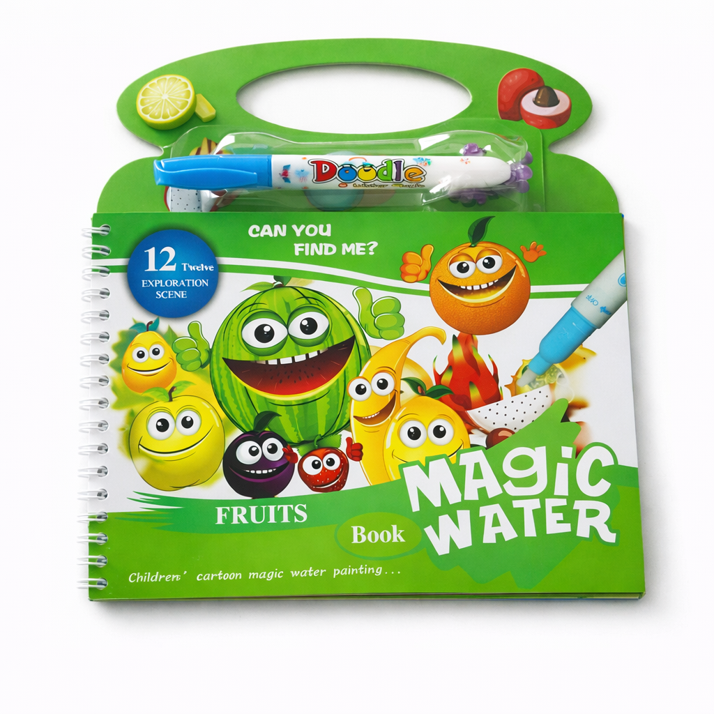 Children's magic water book with colorful fruit characters and a pen on a white background